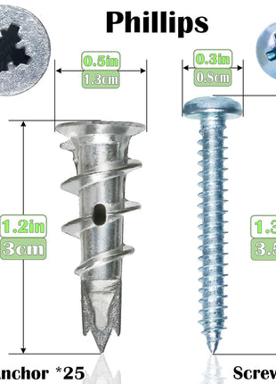 50Pcs Metal Self Drilling Drywall Anchors Heavy Duty with Screws Kit | 25 Heavy Duty Metal Wall Anchors for Drywall with 25 #8 x 1-1/4'' Screws ,No Pre Drill Hole Required, Holds Upto 75lbs