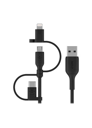 Belkin BoostCharge 3-in-1 USB-A to USB-C, Lightning, Micro-USB Charging Cable (1M/3.3ft) for iPhone 16, iPhone 16 Pro, iPad, Galaxy S25, S24, Pixel, Nintendo Switch 2 & More - Black