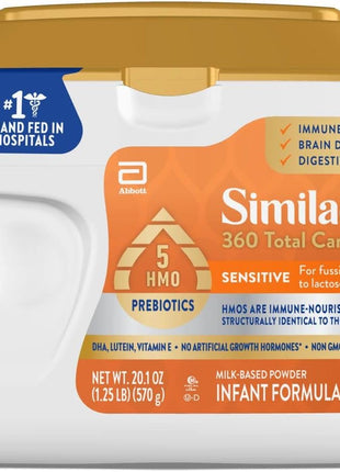Similac 360 Total Care Sensitive Baby Formula Powder, 5 HMO Prebiotic Blend | Infant formula for babies with lactose sensitivity; immune system, brain development & digestive health support, 20.1 oz tub