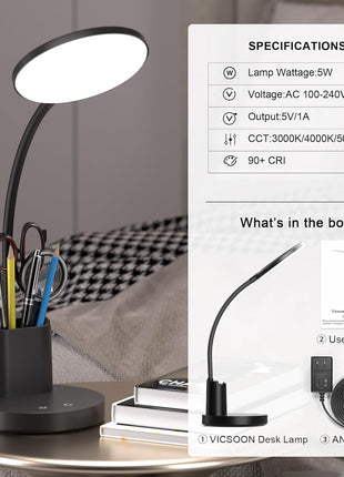 Desk Lamp, LED Desk Lamp for Home Office, Touch Table Lamp with 3 Color Modes 360° Adjustable Arm, Dimmable Desk Light with Pen Phone Holder, Black