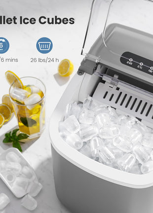 Crzoe Countertop Ice Maker,26Lbs/24H, 2 Sizes of Ice, Self-Cleaning,Grey | 8 Bullet-Shaped Ice Cubes Ready in 6 Mins, Portable Ice Machine with Ice Scoop and Basket for Home/Kitchen