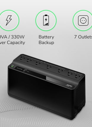 APC UPS 600VA/330W UPS Battery Backup for Computer, Router, NAS, BE600M1 | Power through utlity outages (23 minutes @ 100W). Backup battery with surge protection for routers, modems, PCs. USB charging