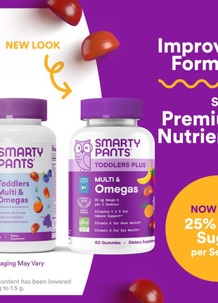 SmartyPants Toddler Multivitamin Gummies, Omega 3 (DHA/EPA), Vitamins D3, C, Vitamin B12, B6, A, K & Zinc, Biotin, Gluten Free, Three Fruit Flavors, 60 Count (30 Day Supply)