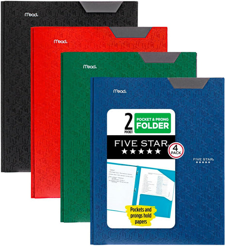Five Star 2-Pocket Folder, 4 Pack, Plastic Folder with Stay-Put Tabs and Prong Fasteners, Holds 8-1/2 inch x 11 inch Paper, Black, Fire Red, Forest Green, Pacific Blue (38048)