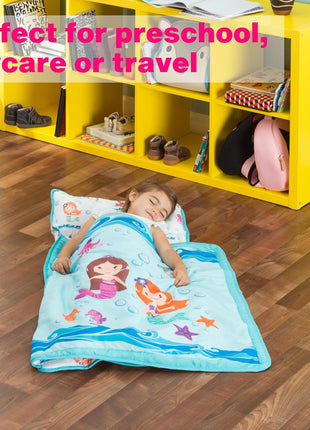 EVERYDAY KIDS Toddler Nap Mat with Removable Pillow -Underwater Mermaids- Carry Handle with Fastening Straps Closure, Rollup Design, Soft Microfiber for Preschool, Daycare Sleeping Bag, Ages 2-6 years