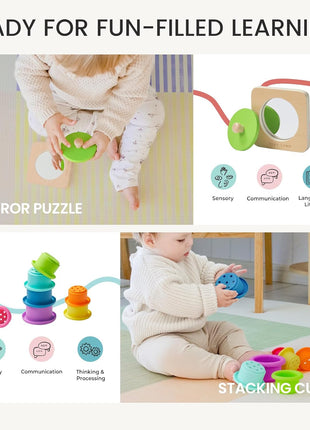 Tiny Land Montessori Toy Set for Babies 7-9 Months Senser Play Kit - 5-in-1 Wooden Learning Toys with Object Permanence Box, Sensory Ball, Stacking Cups and Mirror Puzzle,Body Board Book