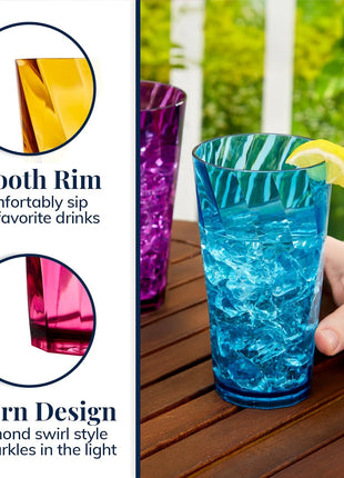 US Acrylic Optix Plastic Reusable Drinking Glasses (Set of 8) 20oz Water Cups in Jewel Tone Colors | BPA Free Tumblers, Made in USA | Top Rack Dishwasher Safe
