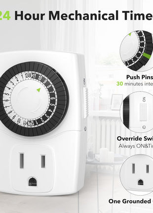 BN-LINK U47 Indoor Mini 24-Hour Mechanical Outlet Timer, 3-Prong, 2-Pack | 30-min intervals; daily repeat; easy dial setup; Indoor Timer for Christmas lights,Lamp,Fan,Fish Tank, ETL, 15A/1875W, 2 Pack