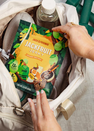 Jack & Friends Jackfruit Jerky Ginger Teriyaki - Plant Based Vegan Jerky Snack, Healthy Meatless Jerky Alternative Made from Jackfruit, 13g Protein, 8g Fiber, Gluten Free, Soy Free, Low Sugar, 2.2 oz (1 Pack)