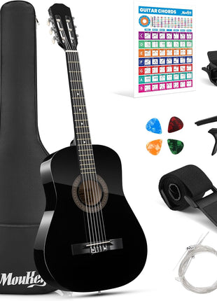 Moukey 38" Acoustic Guitar for Beginners Kids Youth Adult Dreadnought Guitarra Acustica Kit with Chord Poster, Gig Bag, Tuner, Picks, Nylon Strings, Capo, Strap - Black