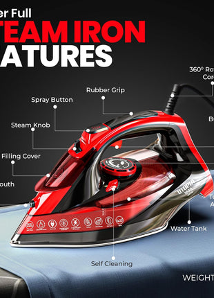 Utopia Home Steam Clothes Iron - 1800W (Black Red) Non-Stick Soleplate | Nonstick Soleplate With Auto-Off Safety Feature - Adjustable Thermostat Control, Variable Steam Control, Self-Clean, 8ft Cord