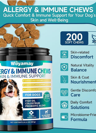 Dual-Action Dog Probiotics & Allergy Relief Chews - 200 Soft Treats for Gut Health, Itchy Skin, Diarrhea & Gas with Probiotics, Omega 3, Turmeric, Colostrum | Immune & Coat Support for Dogs