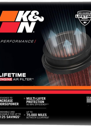 K&N High-Flow Original Lifetime Universal Clamp-On Air Filter: High Performance, Premium, Washable: Flange Diameter: 3 In, Filter Height: 6.5 In, Flange Length: 0.625 In, Shape: Round, RU-2820