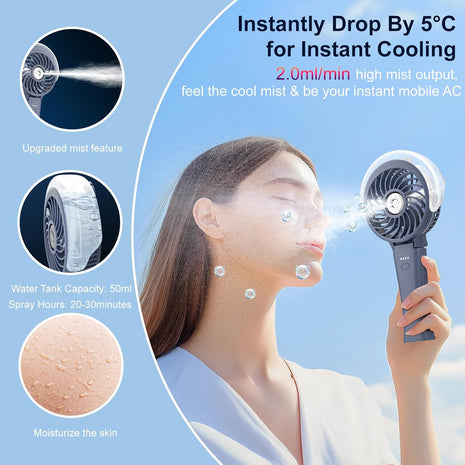 HandFan 4000mAh Upgraded Handheld Misting Fan, 50ml Water Tank, Rechargeable Personal Mister Fan Portable AC, Spray Water Mist Fans, Foldable Cooling Ice Fans for Beach Travel Disney(Royal Blue)