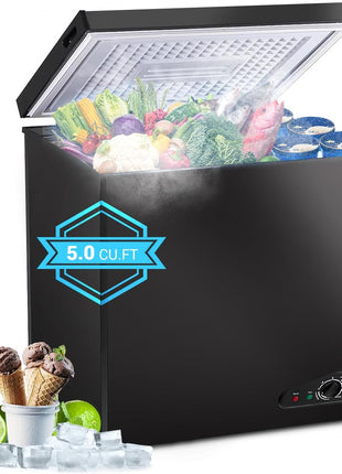 Compact Chest Freezer, 5.0 Cu Ft Deep Freezer with Removable Storage Basket, Mini Freezer with 7 Temperature Levels Thermostat, Black Top Open Door Freezer Ideal for Home, Kitchen & Office