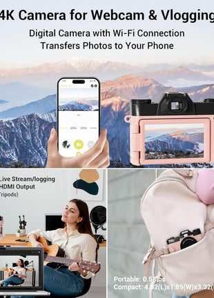 4K Digital Camera for Photography, 75MP WiFi Vlogging Camera for YouTube, 3" 180° Flip Screen Point and Shoot Camera with 64GB SD Card, Anti-Shak & 2 Batteries, Compact Travel Camera for Beginners