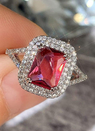 Vintage 925 Sterling Silver Promise Rings for her,Ruby Ring Cocktail Rings Square Cut Red Gemstone Cubic Zirconia Anniversary Promise Ring Halo Ring Eternity Engagement Wedding Band Ring for Women 10