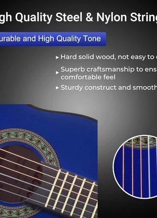 ADM Beginner Acoustic Classical Guitar 30 Inch Nylon Strings Wooden Guitar Bundle Kit for Kid Boy Girl Student Youth Guitarra Online Lessons with Gig Bag, Strap, Tuner, Extra Strings, Picks,Blue
