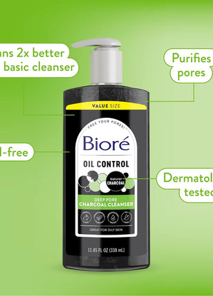 Biore Deep Pore Charcoal Face Wash, Daily Facial Cleanser for Dirt & Makeup Removal, for Oily Skin, 11.45 fl oz, Value Size (Pack of 2)