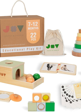 Jackie & Vancie Montessori Toy Set for Babies 7-12 Months Play Kit 6-in-1 Wooden Learning Toys with Object Permanence Box, Ring Stacker, Egg & Cup, Multipurpose Blocks and Mirror Puzzle