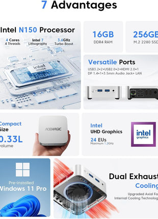 ACEMAGIC Mini PC Computers 11 Pro, Twin Lake N150 (Beat N97/N95) 16GB DDR4 RAM 256GB M.2 SSD up to 3.6 GHz, Small PC Desktop Computers Support Dual 4K, WiFi, BT, Ethernet, Micro PC for Business Home