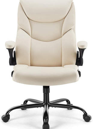 Sweetcrispy Ergonomic Computer Gaming Office Chair, Heavy Duty Task Desk Swivel Rolling Chairs with Wheels, Flip-up Arms, Adjustable Height, PU Leather, Black