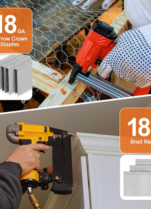4200-Count 18 Gauge 1/4 inch Narrow Crown Staples (1-1/2 inch 1-1/4 inch 1 inch 3/4 inch 1/2 inch) & 18GA Brad Nails (2 inch 1 inch 5/8 inch), Heavy Duty Galvanized Upholstery Staple for Pneumatic/Electric Stapler Gun/Brad Nailer
