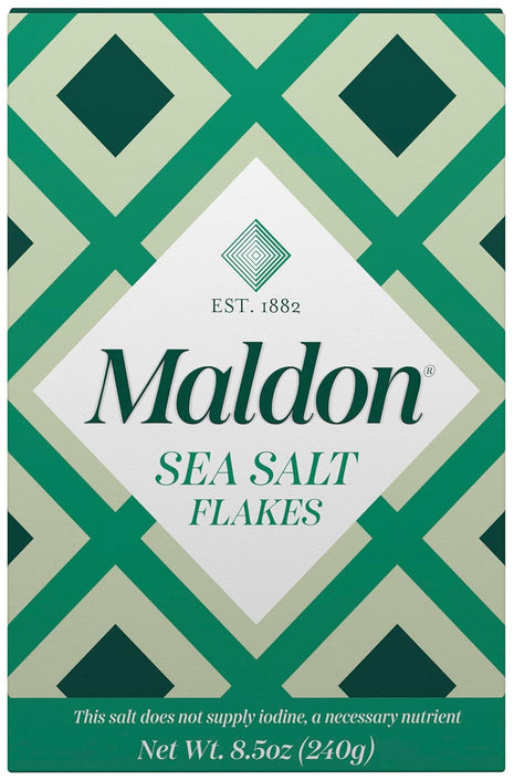 Maldon Salt, Sea Salt Flakes, 8.5 oz (240 g), Kosher, Natural, Unique Gourmet Pyramid Shaped Salt Flakes, Perfect for a Wide Range of Dishes, Hand-Harvested for Four Generations (Packaging May vary)