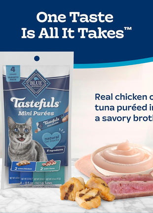 Blue Buffalo Tastefuls Mini Purées, Adult Cat Natural Single-Serving Snack, 4-Count Variety Pack Chicken and Tuna, 0.5 oz. (Pack of 4)