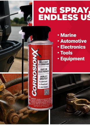CorrosionX Rust Inhibitor, Industrial-Strength Dielectric Corrosion Prevention, Lubricant & Penetrant for Marine, Automotive, Electronics & RV Use, Protects Bolts, Cables, Engines, Parts, 6oz Aerosol