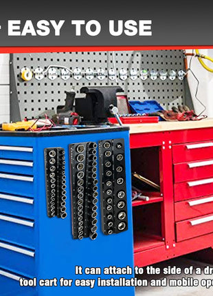 6-Piece Magnetic Socket Organizer Set, 1/2 inch, 1/4 inch and 3/8 inch SAE & Metric Deep & Shallow Socket Holder Kit, holds 141 stanard Sockets, attaches to steel box/tool cart (sockets not included)