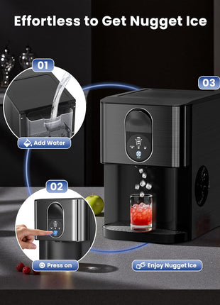 Cowsar Nugget Ice Maker Countertop, 44lbs/24H Soft Chewable Pellet Ice Maker Machine Dispenser with Water Reservoir, Self-Cleaning, Pebble Ice Machine for Home Kitchen, Office, Black Stainless