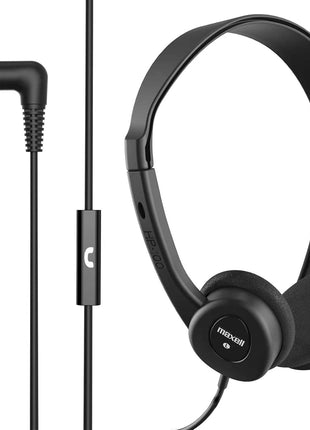 Maxell Wired Headphones with Mic, Adjustable Headband, 6ft Cord | Built-in inline mic for clear calls - 32-ohm drivers, 3.5mm stereo jack, soft foam headband for extended wear