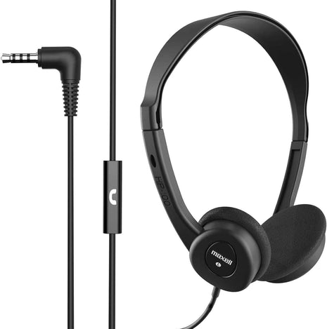 Maxell Wired Headphones with Mic, Adjustable Headband, 6ft Cord | Built-in inline mic for clear calls - 32-ohm drivers, 3.5mm stereo jack, soft foam headband for extended wear