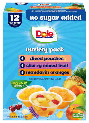 Dole Diced Peaches, Mandarin Oranges, and Cherry Mixed Fruit with No Sugar Added Variety Pack - Dole Fruit Bowls Snacks - 4 oz Bowls - 12 Pack