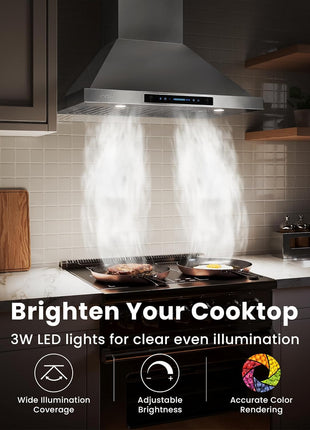 IKTCH 30-inch Wall Mount Range Hood 900 CFM Ducted/Ductless Convertible, Kitchen Chimney Vent Stainless Steel with Gesture Sensing & Touch Control Switch Panel, 2 Pcs Adjustable Lights(IKP02-30'')