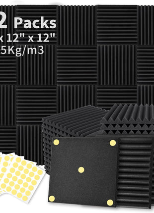 Focusound 52 Pack Acoustic Foam Panels 1 inch x 12 inch x 12 inch Sound Proof Foam Panles Soundproofing Noise Cancelling Wedge Panels for Home Office Recoding Studio with 300PCS Double-Side Adhesive