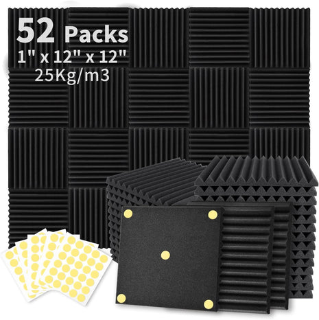 Focusound 52 Pack Acoustic Foam Panels 1 inch x 12 inch x 12 inch Sound Proof Foam Panles Soundproofing Noise Cancelling Wedge Panels for Home Office Recoding Studio with 300PCS Double-Side Adhesive