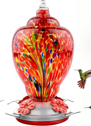 WOSIBO Hummingbird Feeder for Outdoors Patio Large 32 Ounces Colorful Hand Blown Glass Hummingbird Feeder with Ant Moat Hanging Hook, Rope, Brush and Service Card (RED-Firework)