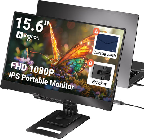 Ingnok Portable Monitor for Laptop,15.6 Inch USB C Screen Extender | FHD 1080P with Adjustable Stand,USB C Mini HDMI Port for Mac,mini PC,Built-in Speakers ,Easy to Set up,VESA