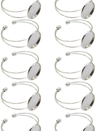 MIAO JIN 10 Pcs 25 mm Adjustable Round Cabochon Bezel Tray Blank Bangle for Crafting DIY Bracelets Making(Silver)