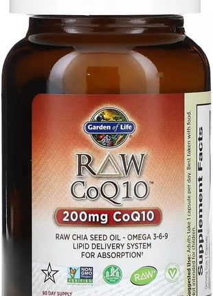 Garden of Life Raw CoQ10 200mg, with Omega 3 6 9 for Heart Health, 60ct | Vegetarian Omega 3 6 9 Supplement Raw Co Q 10 Chia Seed Oil, Whole Food Nutrition with Antioxidant Support, Coenzyme q10