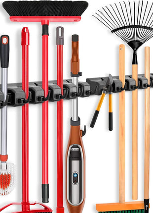 IMILLET 2 Pack Mop and Broom Holder, Wall Mounted Organizer Mop and Broom Storage Tool Rack with 5 Ball Slots and 6 Hooks (Black)