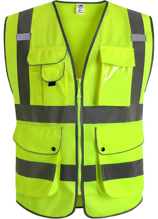JKSafety 9 Pockets Class 2 High Visibility Zipper Front Safety Vest With Reflective Strips,Meets ANSI/ISEA Standard (Large, 150-Yellow)