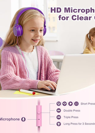 Kids Headphones, Wired Headphones for Kids On Ear with Microphone, 93dB Volume Limiter Headphone for Girls Boys, Foldable Lightweight Headphone for School Learning & Entertainment, Pink Purple