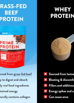 Equip Prime Chocolate Protein Powder - Gut-Friendly, No Sugar Protein Shake Powder with Grass-Fed Beef & Natural Collagen - Rich & Creamy Mix - 21g Per Serving - Whey & Dairy-Free (30 Scoops)