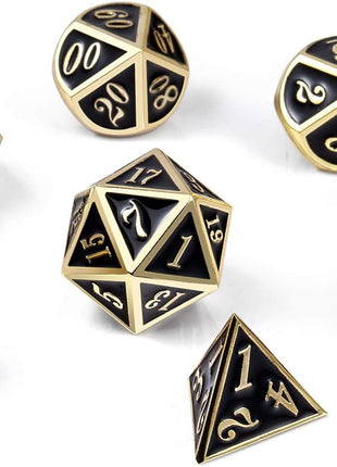 DNDND Metal Dice Set D&D, 7 die Metallic Polyhedral Dice Set with Gift Metal Box and Gold Number for DND Dungeons and Dragons Role Playing Games (Black and Gold)