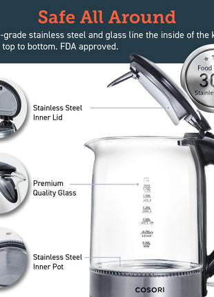COSORI Speed Boil Electric Tea Kettle, 1.7L Hot Water Kettle (BPA Free) 1500W Auto Shut Off & Boil Dry Protection, LED Indicator Inner Lid & Bottom, Transparent