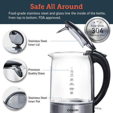 COSORI Speed Boil Electric Tea Kettle, 1.7L Hot Water Kettle (BPA Free) 1500W Auto Shut Off & Boil Dry Protection, LED Indicator Inner Lid & Bottom, Transparent