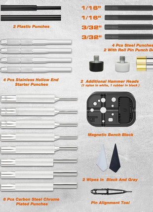 BESTNULE Punch Set, Pin Punches, Punch Tool, Roll Pin Punch Set, Made of High Quality Metal Material Including Punches and Hammer, Mechanical Repair Tool, with Organizer Storage Box (with Bench Block)